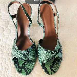 BA&SH green snakeskin high heeled sandals, size 40/9.5